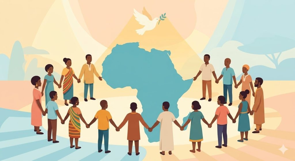 Pour l’Unité Africaine - la silhouette du continent africain entourée de mains jointes en prière et surmontée d'une colombe